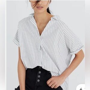 MADEWELL Courier Button-Back Shirt White Split Neck Collared Blouse Sz S